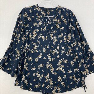 41 Hawthorn size XL Navy Tan Floral Split Neck Flare Sleeve Blouse Office Work